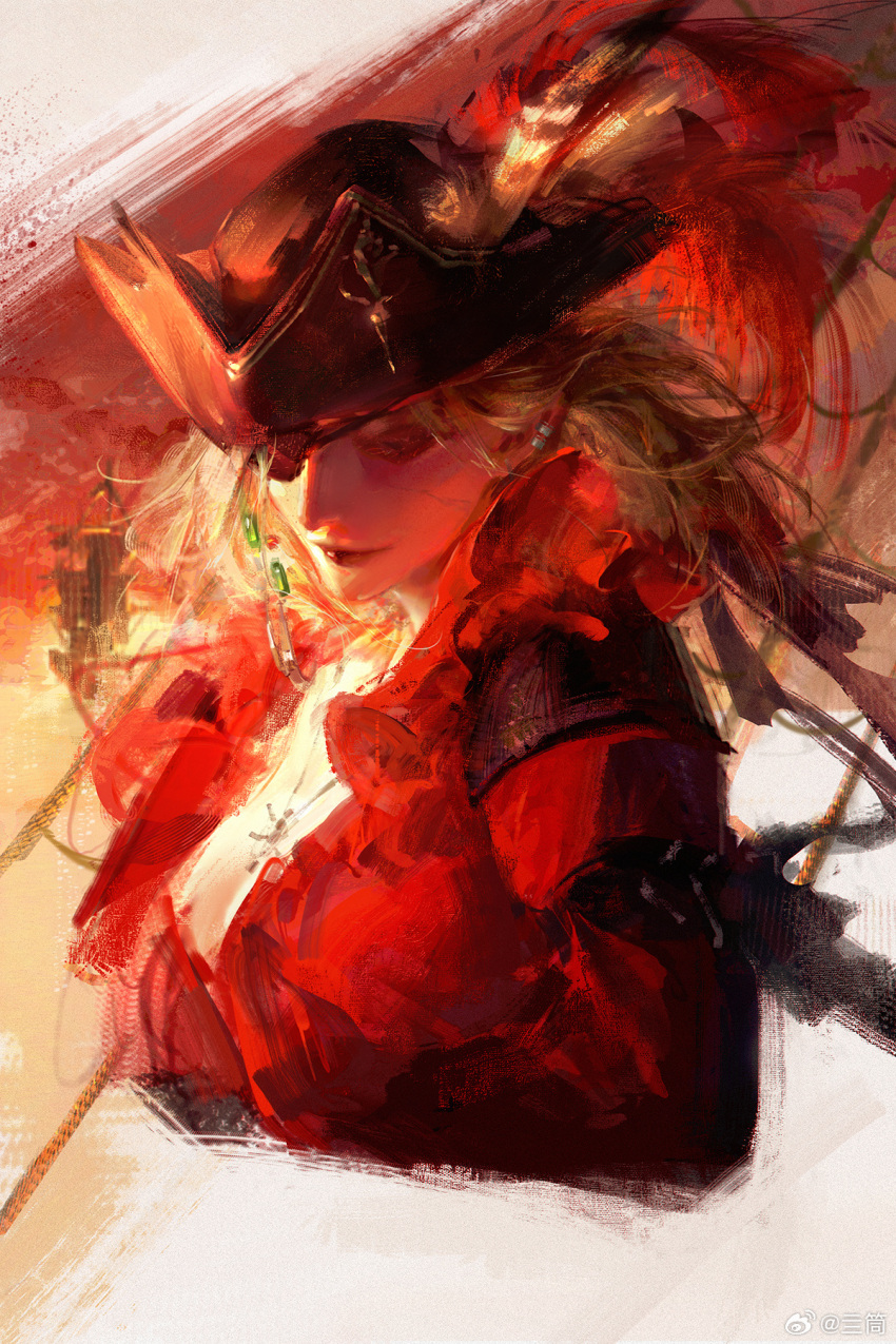1girl, artist_request, blonde_hair, eyepatch, hat, hat_feather, highres, jewelry