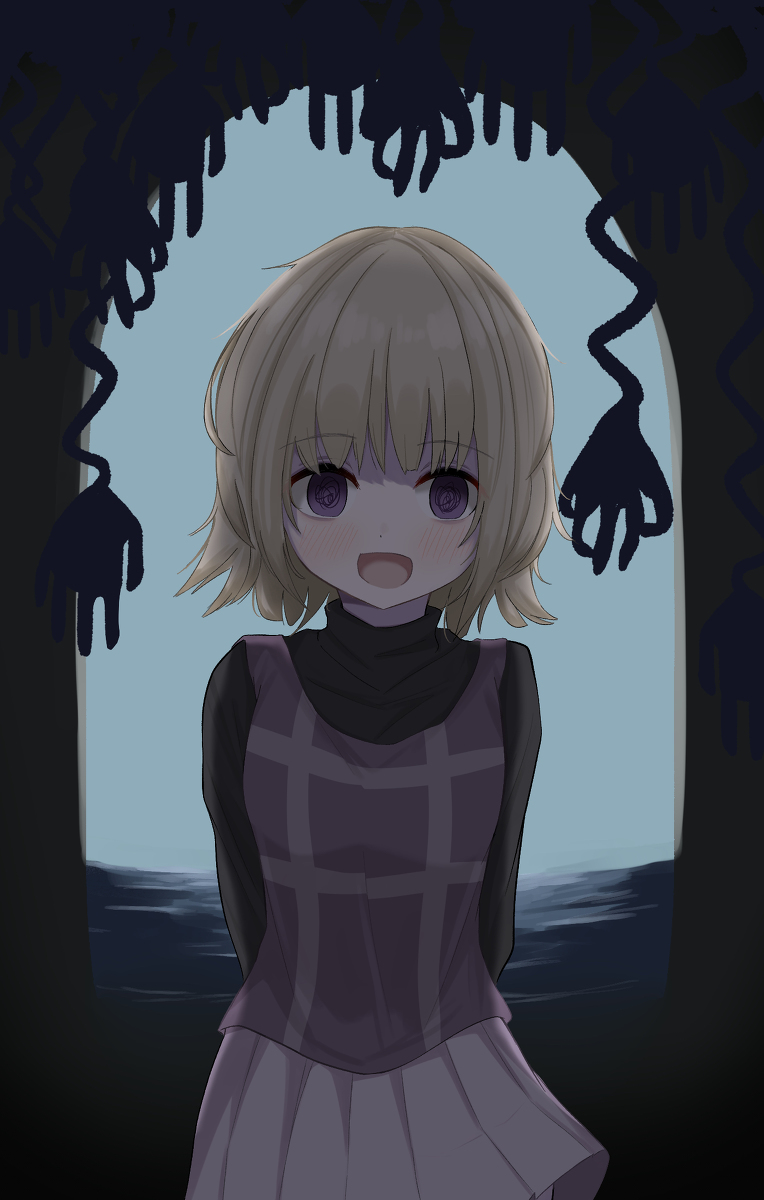 1girl, @_@, arms_behind_back, blonde_hair, blush, dark, highres, long_sleeves