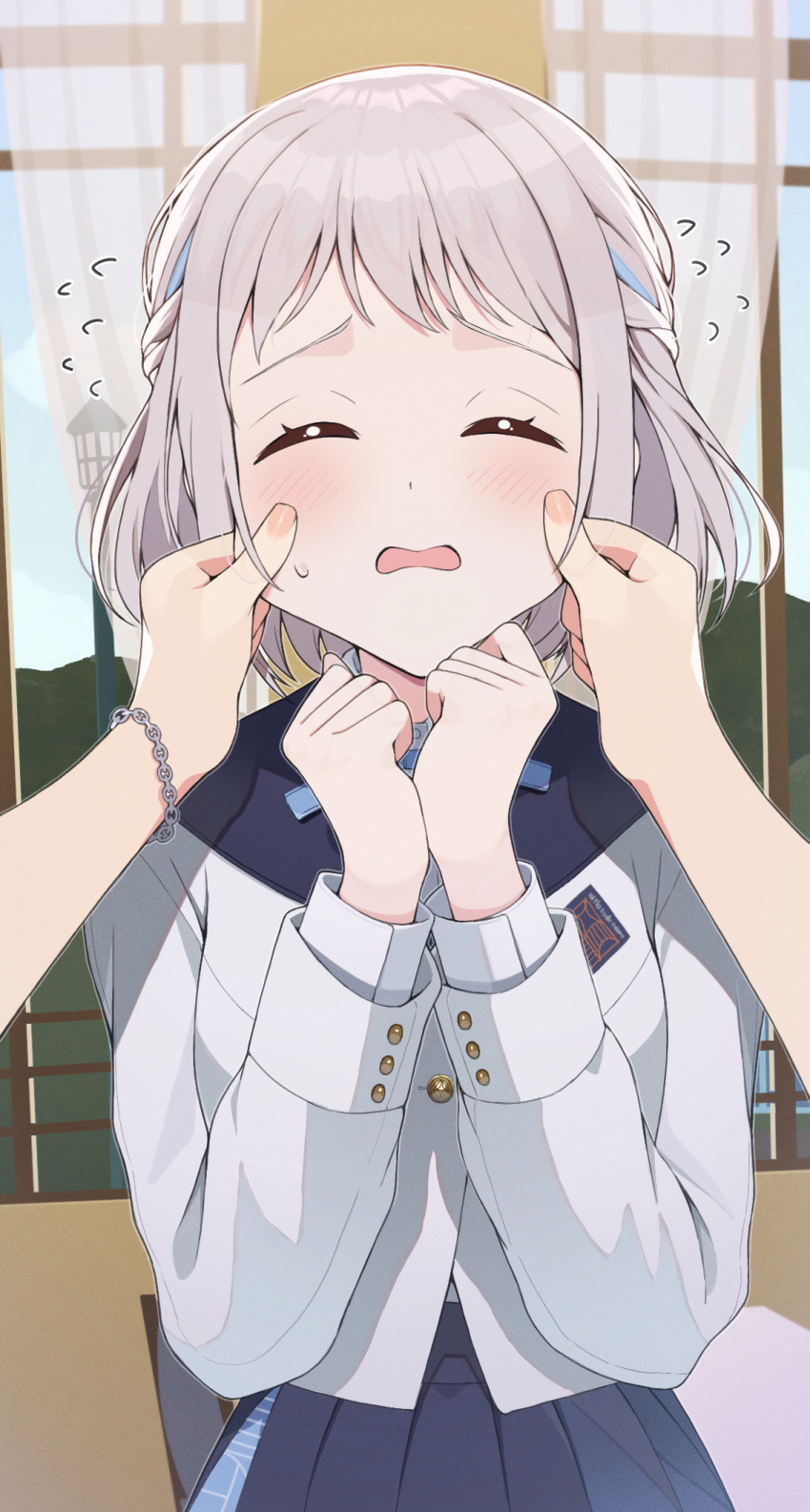 1girl, 1other, blue_sailor_collar, blue_skirt, blush, braid, chain, chain_bracelet