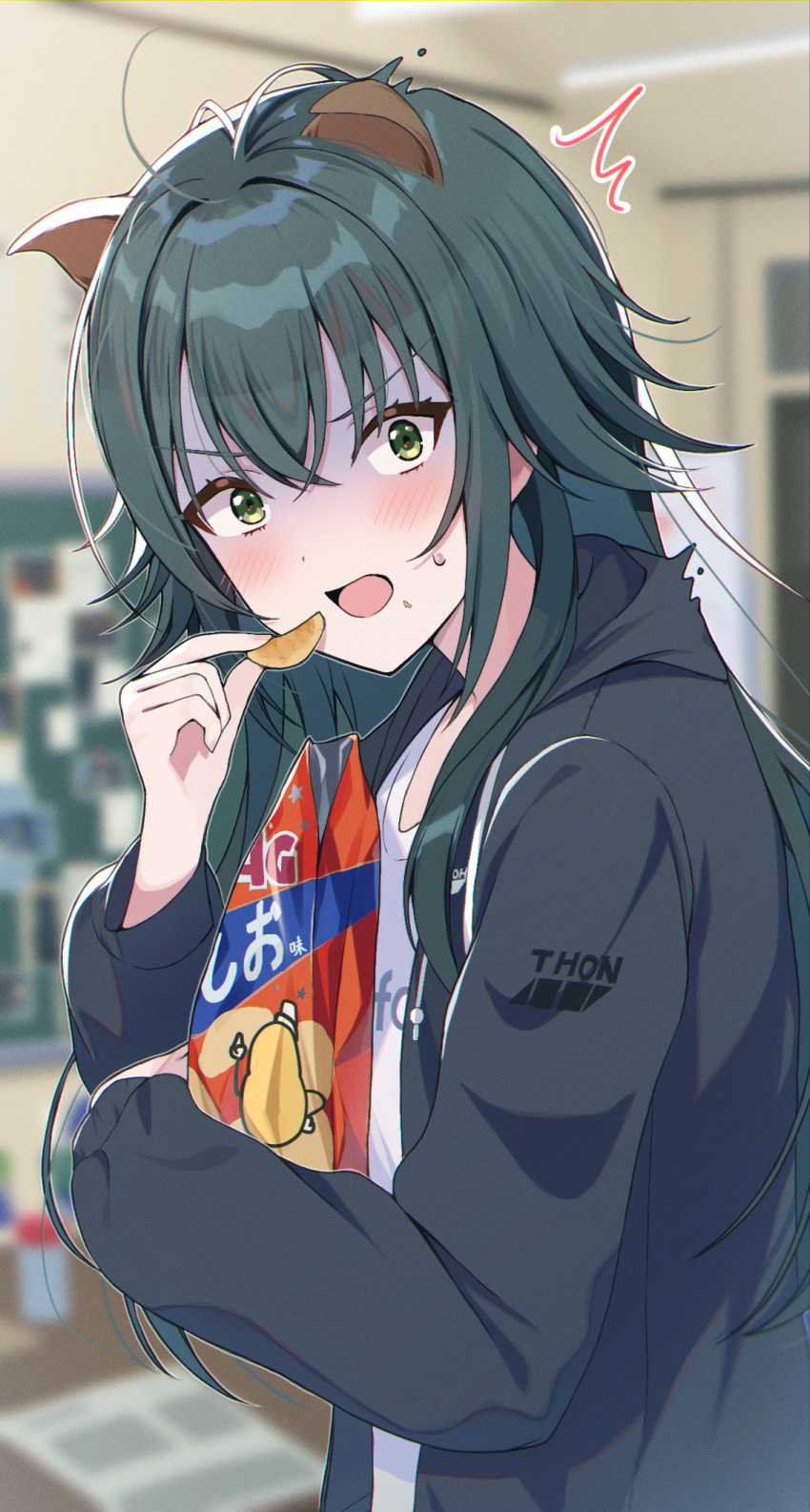 1girl, ^^^, animal_ears, antenna_hair, bag, black_jacket, blurry, blurry_background
