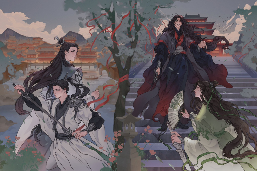 4boys, architecture, armor, bird, black_footwear, black_hair, black_hanfu, boat