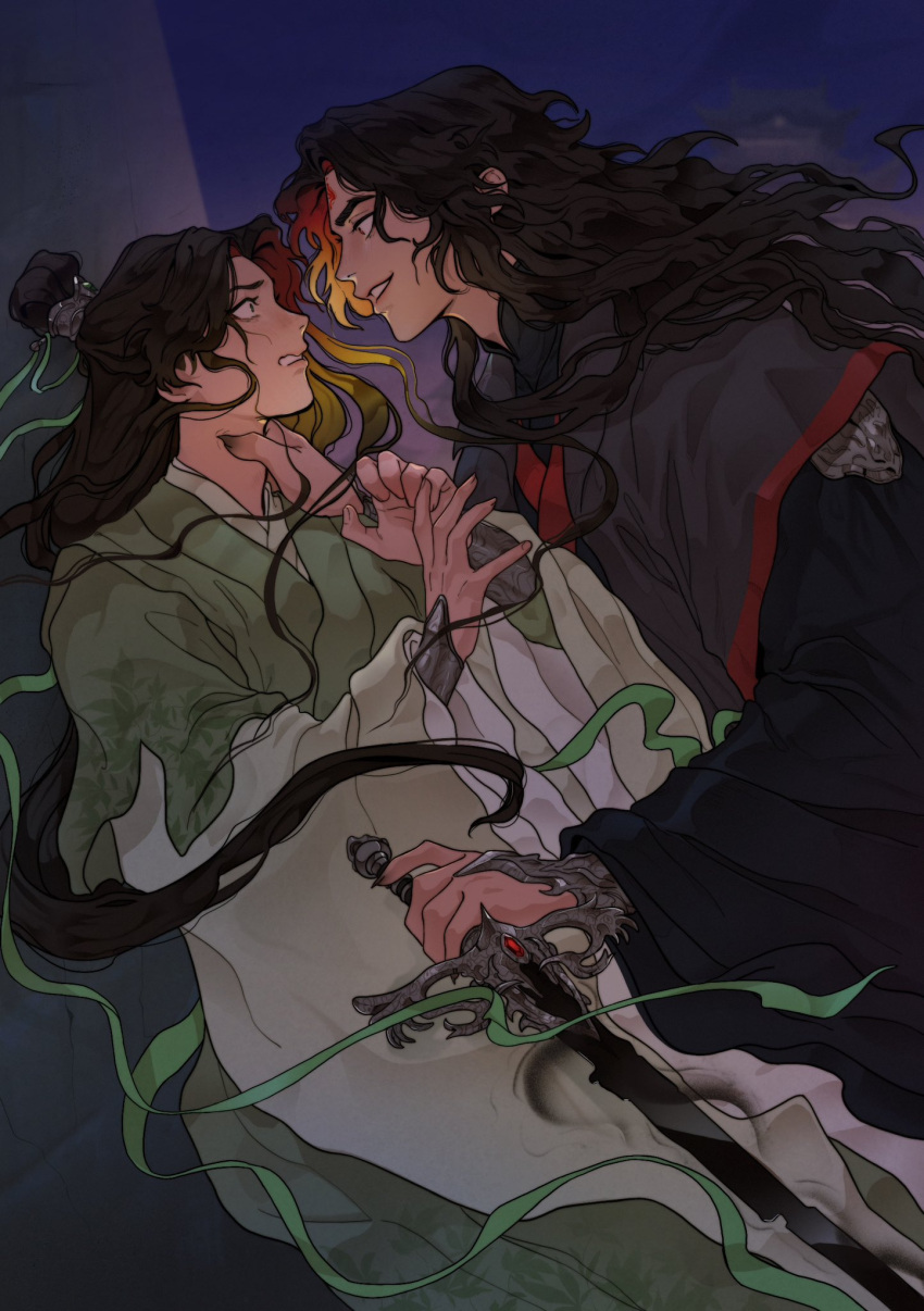 2boys, against_wall, architecture, black_hair, black_hanfu, bracer, chinese_clothes, clenched_teeth