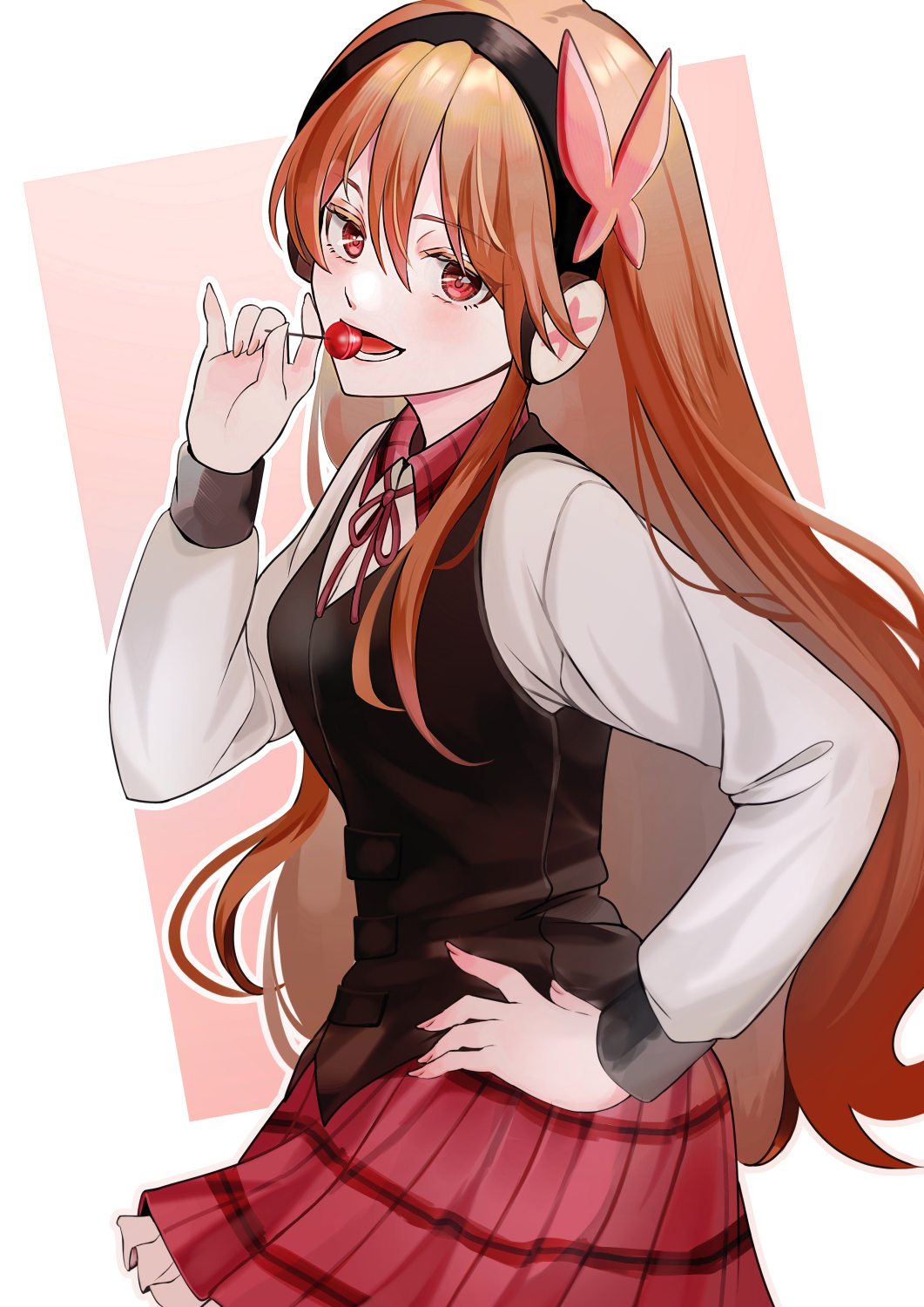 1girl, akame_ga_kill!, black_hairband, black_vest, brown_hair, butterfly_hair_ornament, candy, chelsea_(akame_ga_kill!)