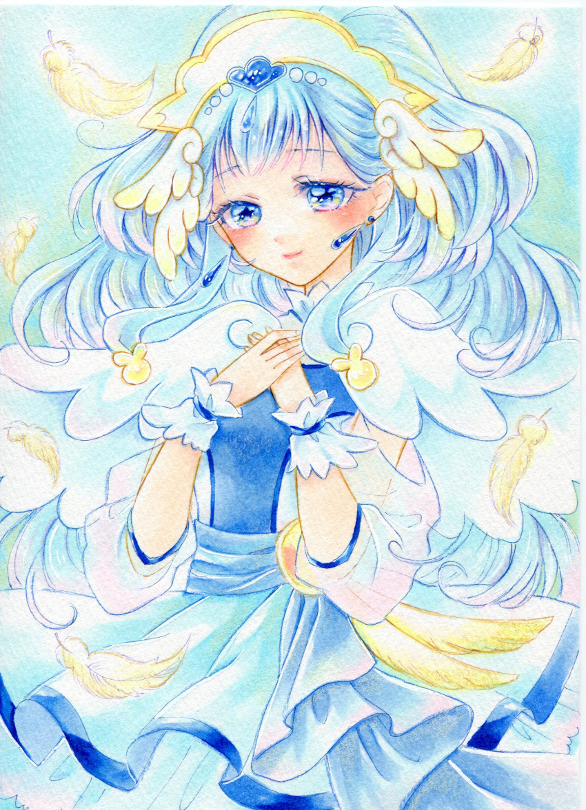 1girl, absurdres, amu_(m_aa), blue_dress, blue_eyes, blue_hair, cure_ange, dress