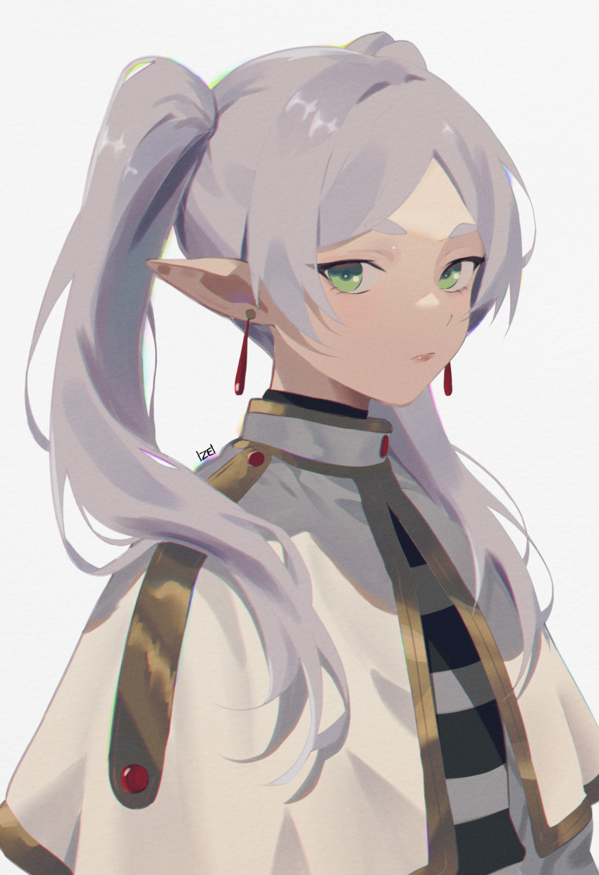 1girl, absurdres, artist_name, bright_pupils, capelet, closed_mouth, commentary, drop_earrings