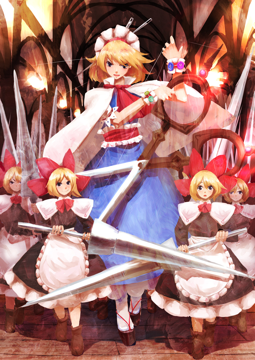bad_id, blonde_hair, blue_eyes, bow, capelet, doll, hair_bow, hairband