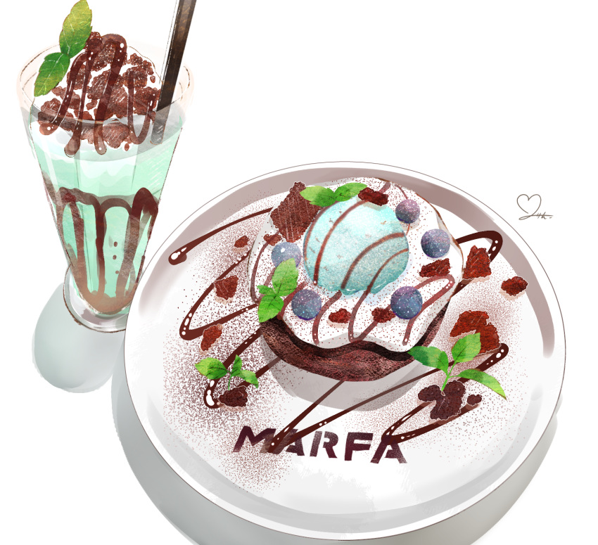blueberry, chocolate, chocolate_syrup, commentary_request, dessert, food, food_focus, fruit, highres, ice_cream, mint, mint_chocolate, mirin_ko, no_humans, original, plate, signature, simple_background, wafer, white_background