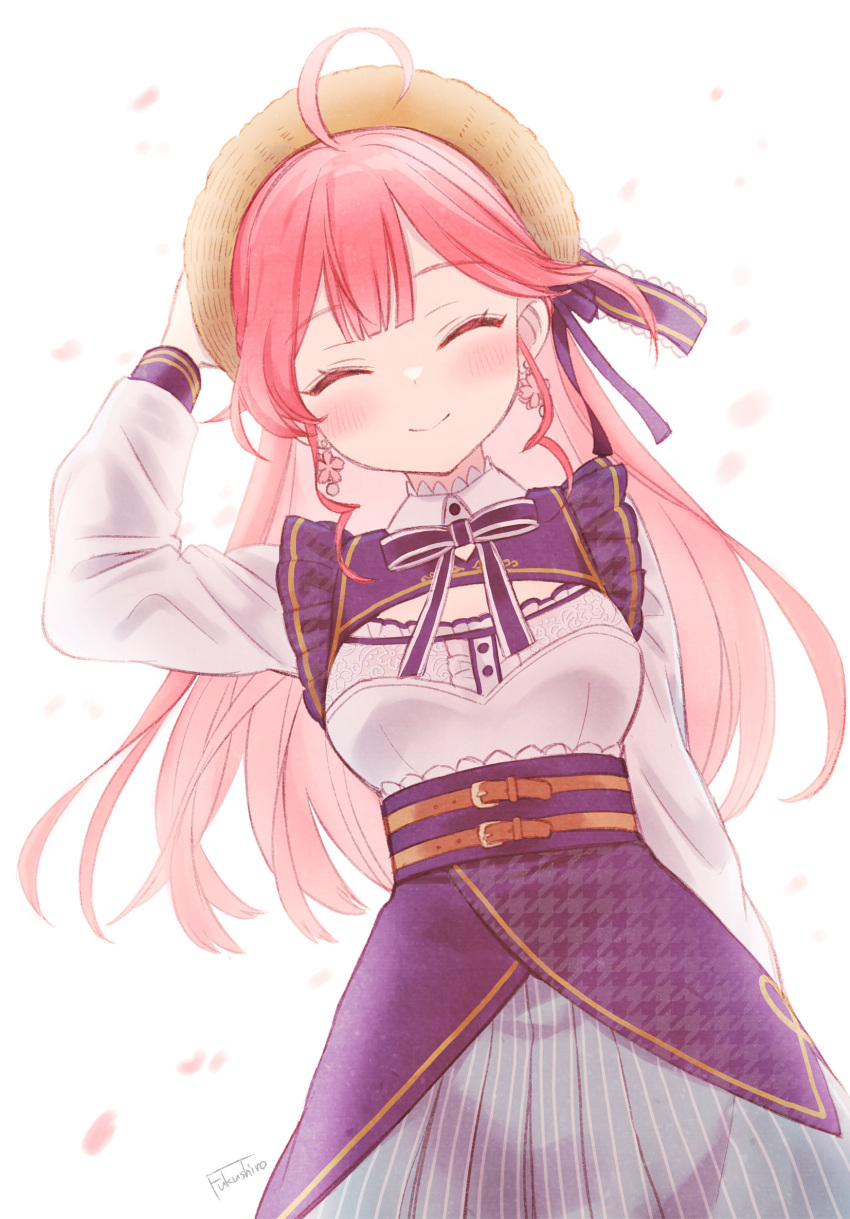 1girl, adjusting_clothes, adjusting_headwear, ahoge, arm_up, artist_name, backlighting, black_ribbon