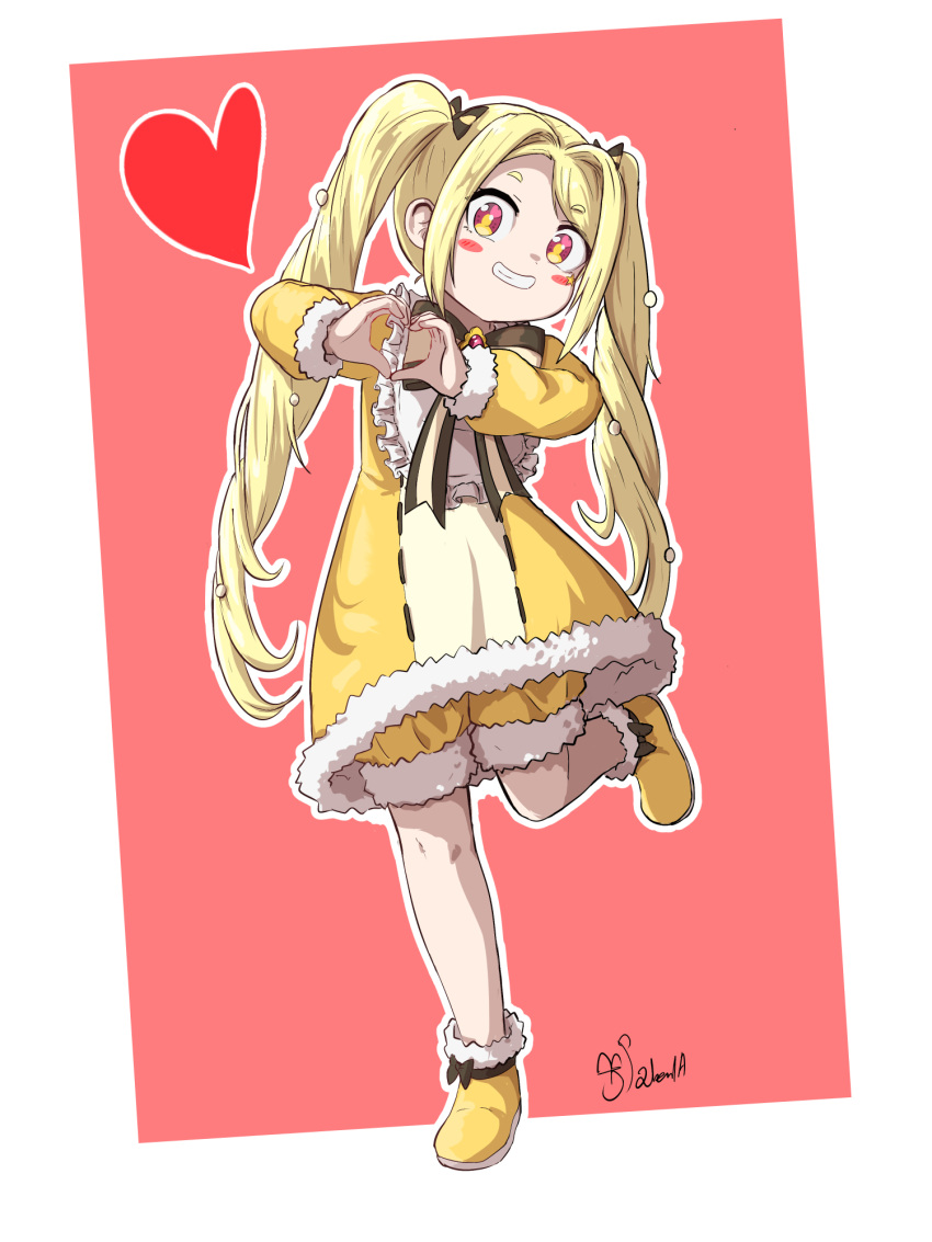1girl, blonde_hair, bow, chloe_(trickcal), dress, full_body, heart, heart_hands
