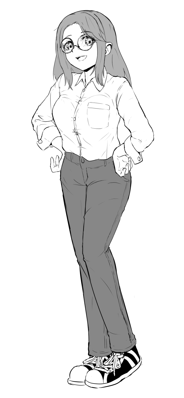 1girl, :d, full_body, glasses, greyscale, hands_on_own_hips, highres, long_hair