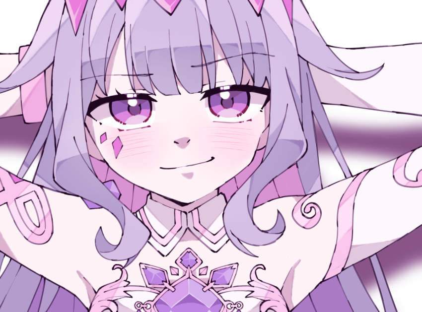 1girl, arms_behind_head, arms_up, blush, chest_jewel, circlet, closed_mouth, colored_inner_hair