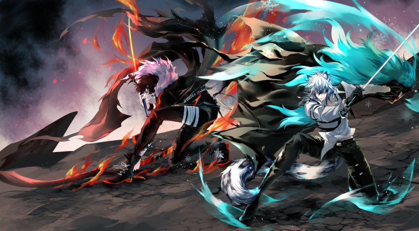 2boys, absurdres, arknights, aura, fire, flamebringer_(arknights), highres, holding