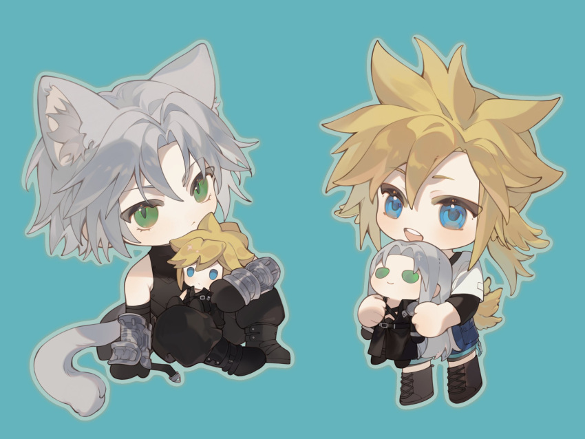 2boys, aged_down, animal_ears, arm_armor, arm_support, asymmetrical_sleeves, bare_shoulders, belt