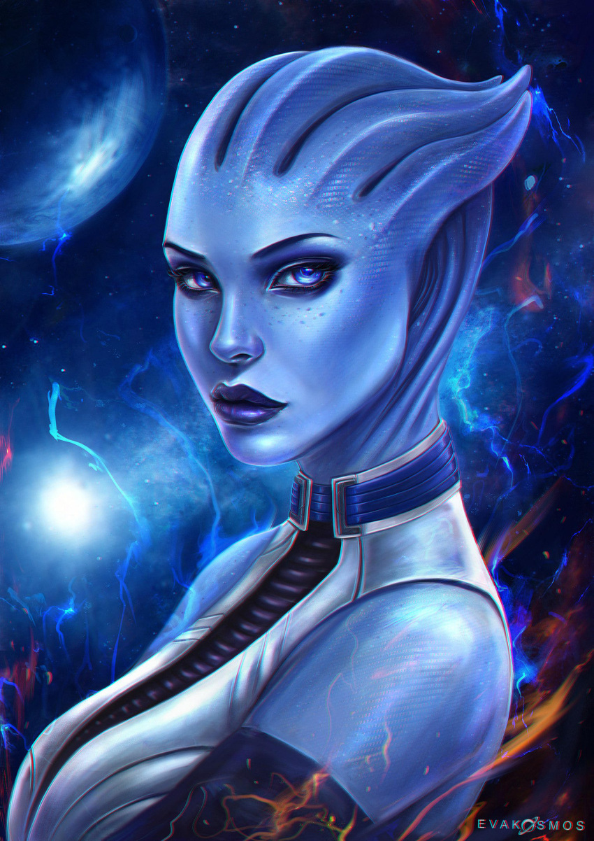 1girl, alien, artist_name, asari_(mass_effect), bare_shoulders, blue_eyes, blue_lips, blue_skin, colored_skin, eva_kosmos, highres, liara_t'soni, looking_at_viewer, mass_effect_(series), sleeveless, solo, upper_body
