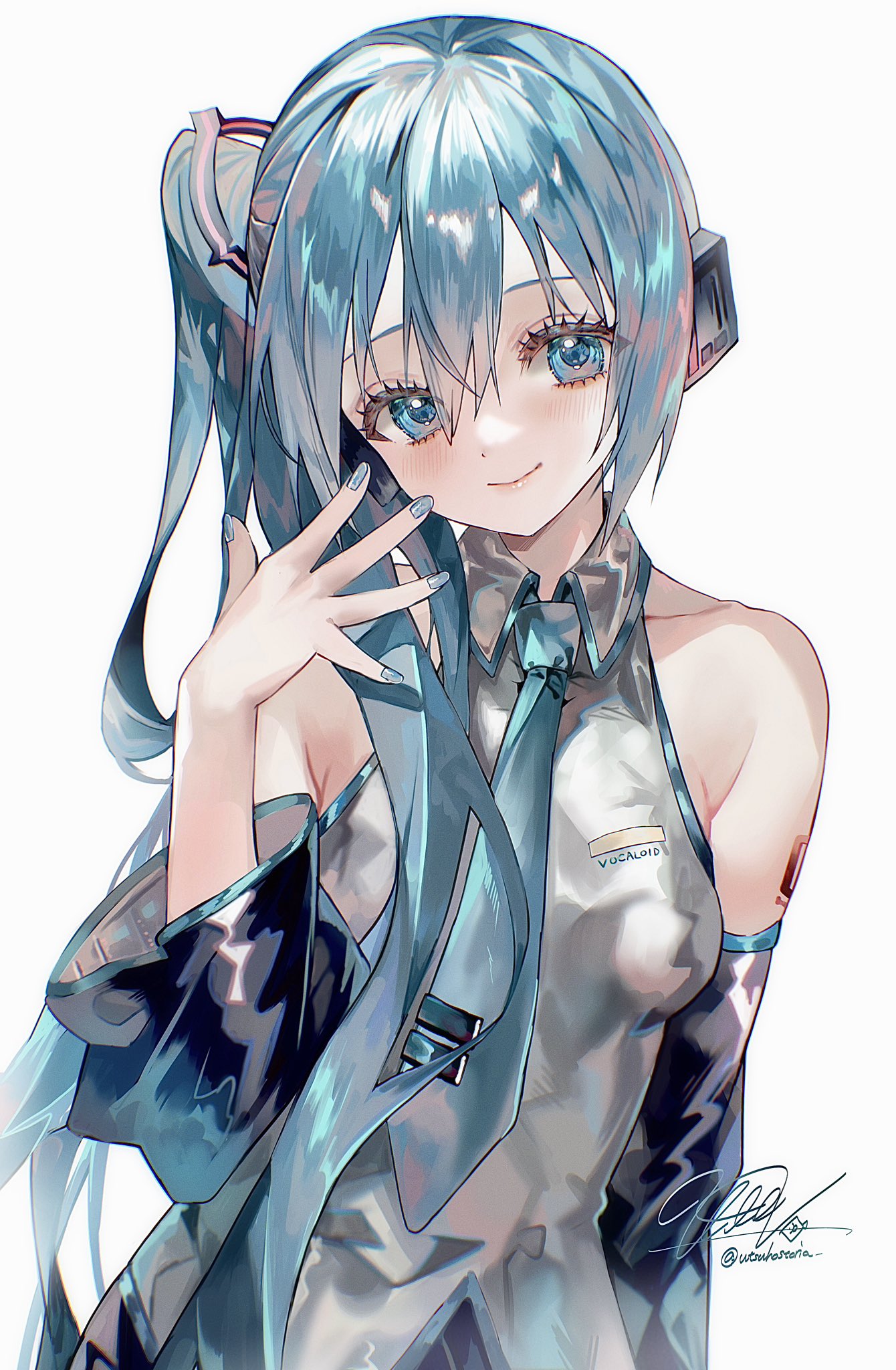 1girl, aqua_eyes, aqua_hair, aqua_nails, aqua_necktie, bare_shoulders, blush, breasts, broken_miku's_tail_(meme), closed_mouth, collared_shirt, commentary, derivative_work, detached_sleeves, hair_between_eyes, hand_to_own_mouth, hatsune_miku, hatsune_miku_(noodle_stopper), head_tilt, headphones, highres, long_hair, looking_at_viewer, meme, nail_polish, necktie, number_tattoo, shirt, side_ponytail, signature, sleeveless, sleeveless_shirt, small_breasts, smile, solo, symbol-only_commentary, tattoo, upper_body, utsuhostoria, very_long_hair, vocaloid, white_background, wide_sleeves