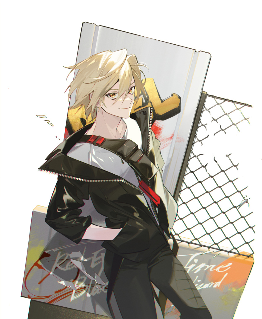 1boy, alternate_costume, black_jacket, black_pants, blonde_hair, brown_eyes, chain-link_fence, commentary