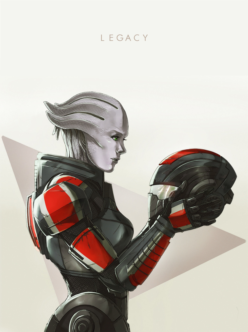 1girl, alien, armor, asari_(mass_effect), colored_skin, eleonora_lisi, english_text, from_side, green_eyes, grey_skin, helmet, highres, holding, holding_helmet, mass_effect_(series), science_fiction, solo, unworn_headwear, unworn_helmet, upper_body