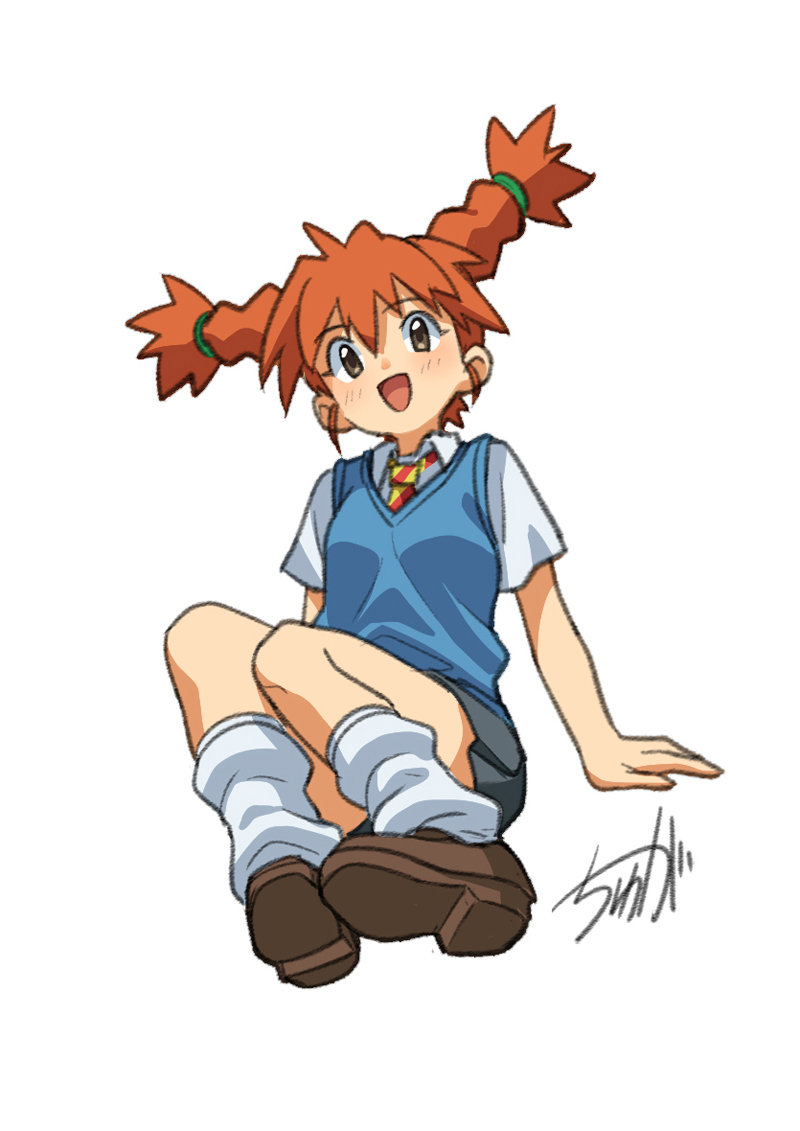 1girl, :d, blue_shirt, brown_eyes, brown_footwear, leg_warmers, light_blush, natsume_(saru_getchu), necktie, open_mouth, orange_hair, saru_getchu, shirt, short_twintails, signature, sitting, skirt, smile, twintails, tyuga, white_background, white_leg_warmers