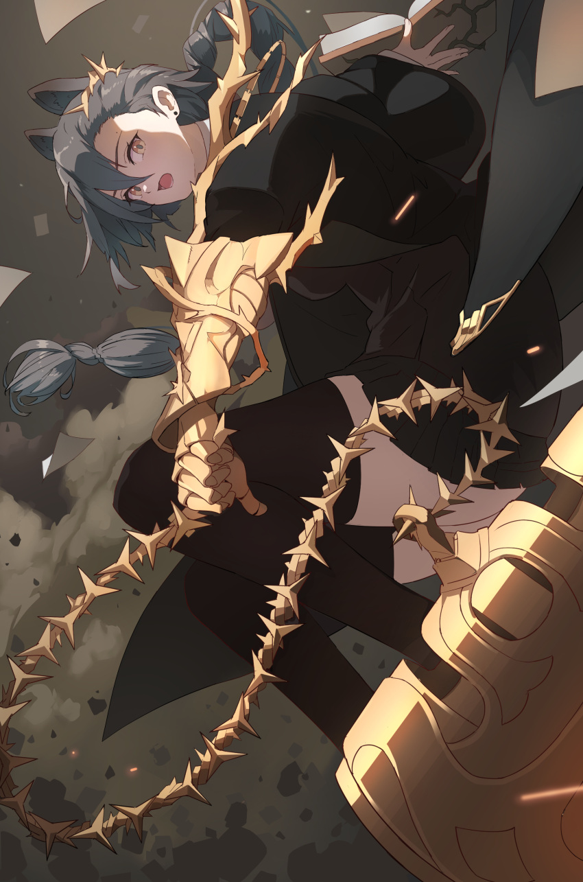 1girl, absurdres, animal_ears, arknights, book, braid, extra_ears, gauntlets, hammer, highres, kiso_(wjnomcuzqmdjcql), mole, mole_above_eye, open_mouth, penance_(arknights), single_gauntlet, weapon, wolf_ears, wolf_girl