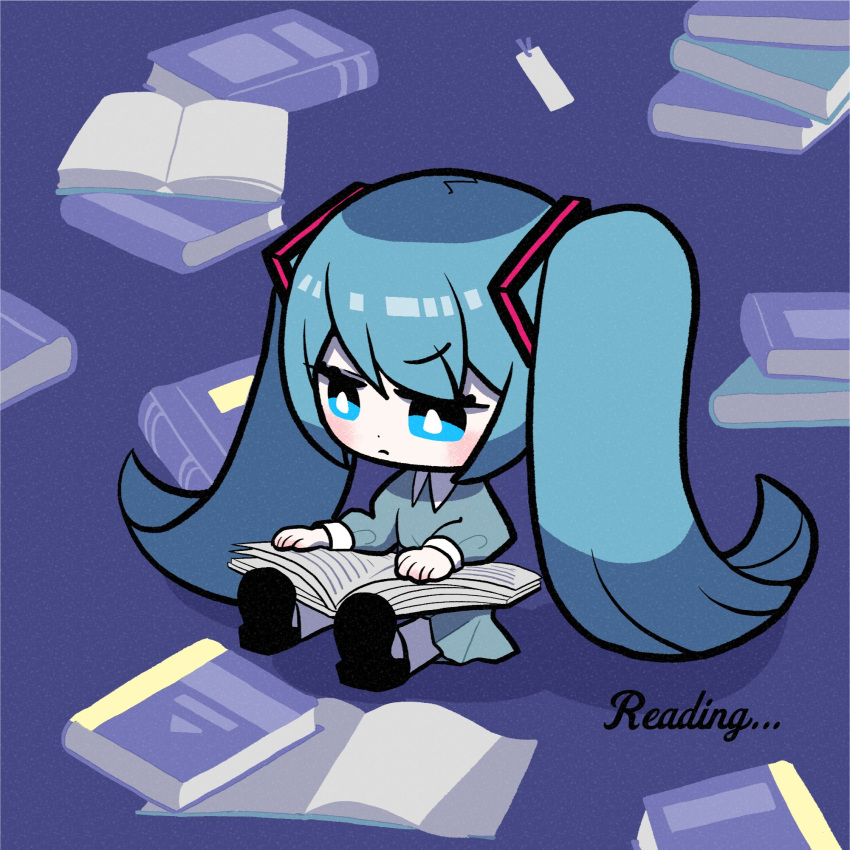 1girl, alternate_costume, aqua_dress, black_footwear, blue_eyes, blue_hair, book, bright_pupils, chibi, chibi_only, closed_mouth, collared_dress, dress, english_text, hatsune_miku, highres, holding, holding_book, long_hair, long_sleeves, nano_393, open_book, reading, shoes, sitting, solo, twintails, very_long_hair, vocaloid, white_pupils
