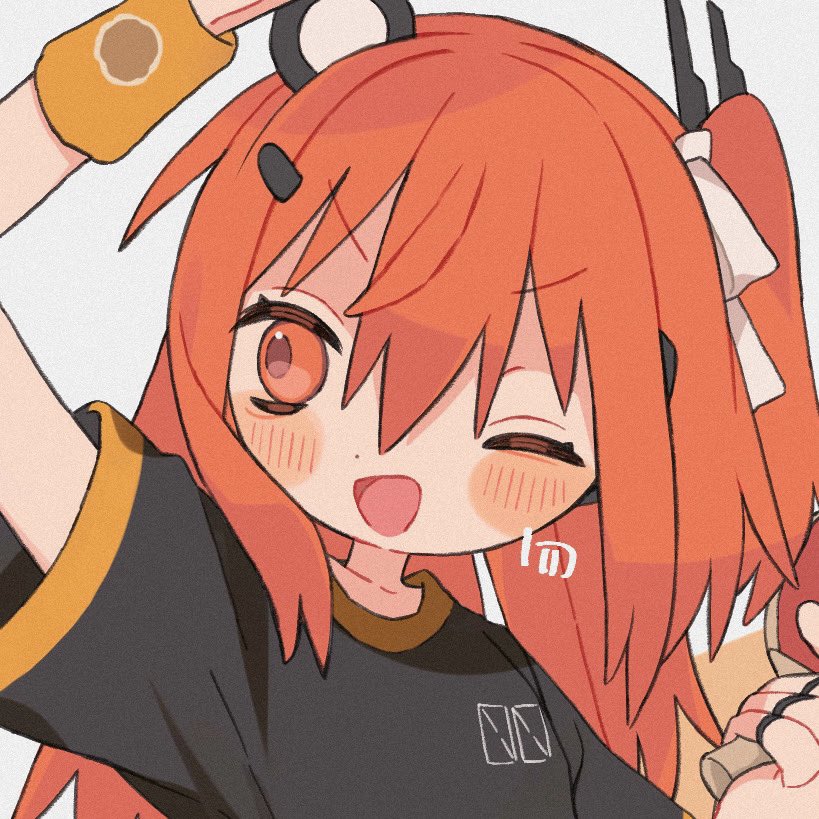 1girl, a.i._voice, adachi_rei, alt_text, arm_up, black_shirt, commission, cropped