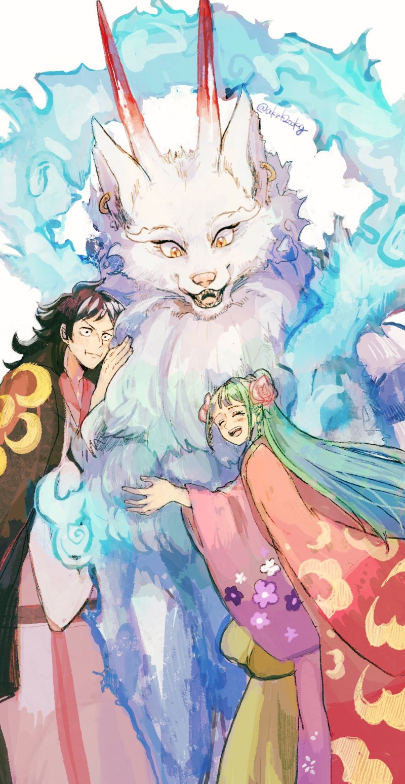 1boy, 2girls, akrk200kg, alternate_form, black_coat, black_hair, blue_fire, blush, closed_mouth, coat, earrings, fire, floral_print, flower, green_hair, hair_flower, hair_ornament, highres, horns, hug, japanese_clothes, jewelry, kimono, kouzuki_hiyori, kouzuki_momonosuke, long_hair, multiple_girls, one_piece, open_mouth, pink_kimono, print_kimono, red_coat, shirt, size_difference, smile, twitter_username, white_background, wide_sleeves, wolf, yamato_(one_piece), yellow_eyes