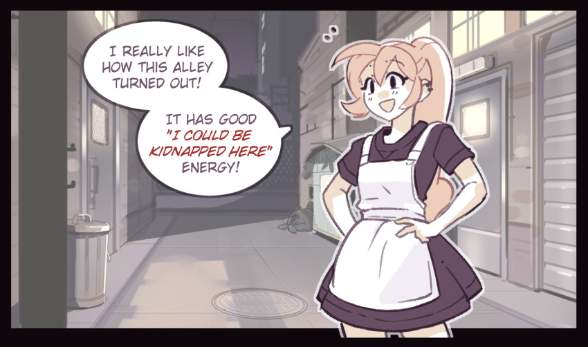 1girl, alley, apron, artist_self-insert, black_eyes, black_shirt, black_skirt, door