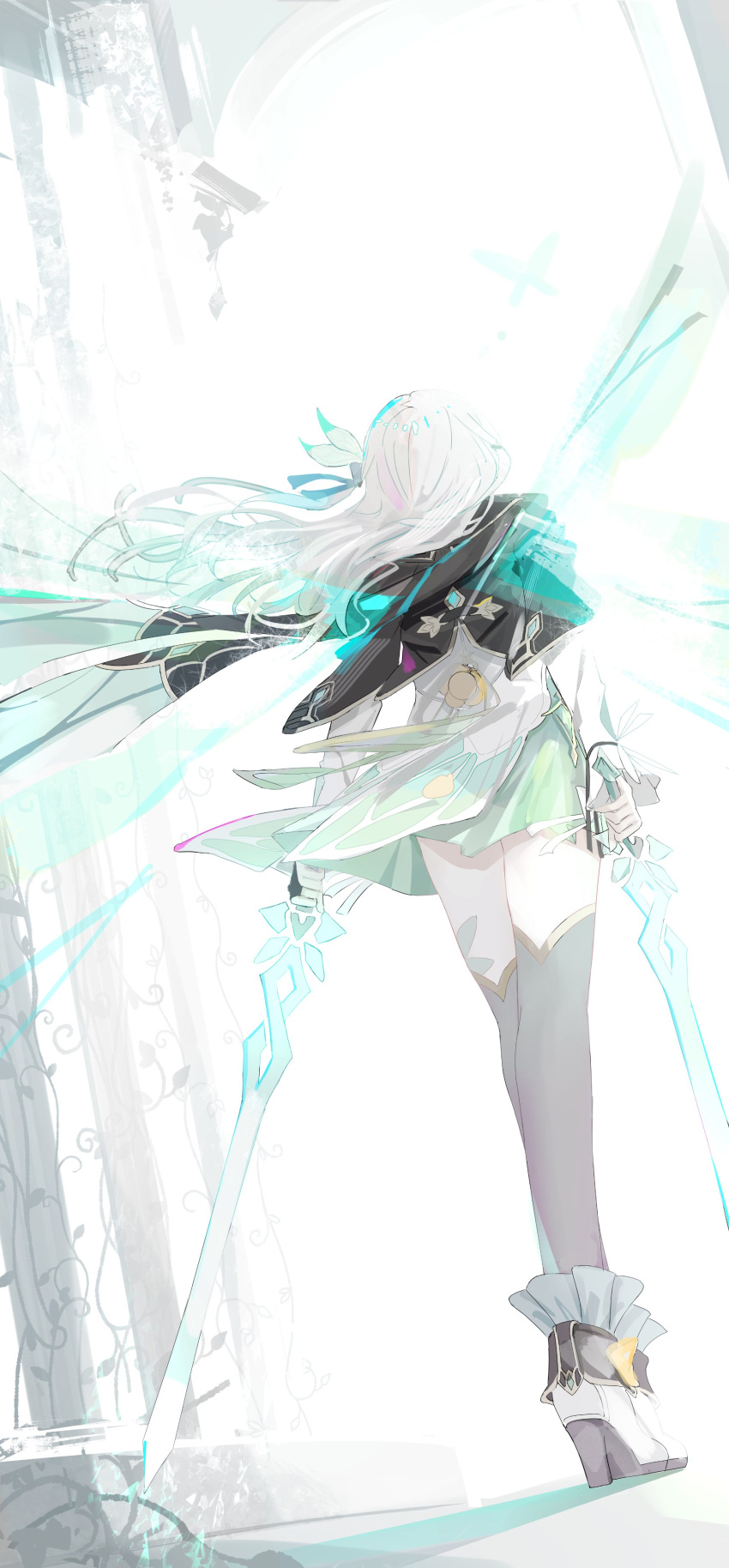 1girl, absurdres, black_jacket, black_thighhighs, dual_wielding, dutch_angle, firefly_(honkai:_star_rail), floating_hair