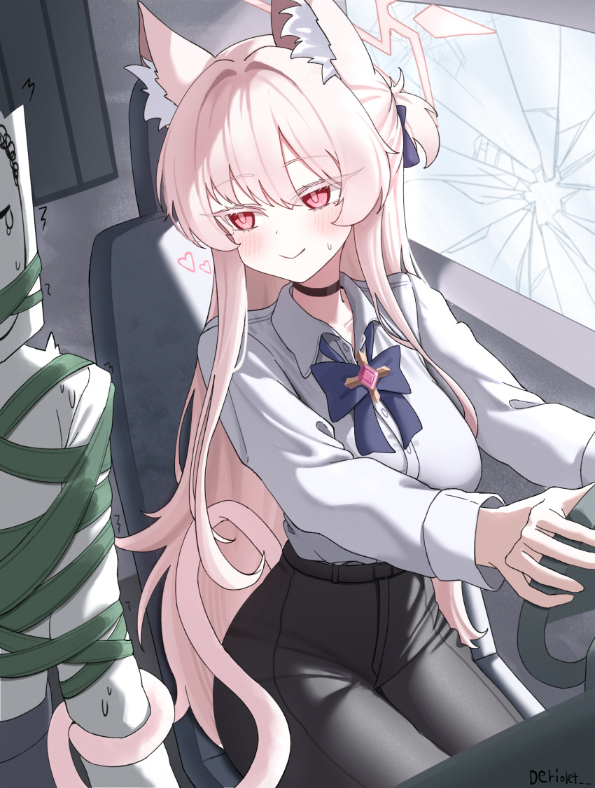 1boy, 1girl, akira_(blue_archive), animal_ear_fluff, animal_ears, artist_name, black_bow, black_bowtie