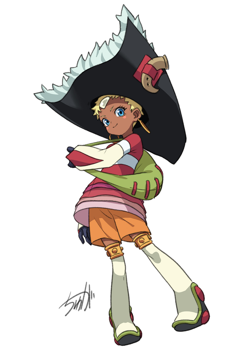 1girl, blonde_hair, blue_eyes, blush_stickers, boots, chat_(tales), dark-skinned_female, dark_skin