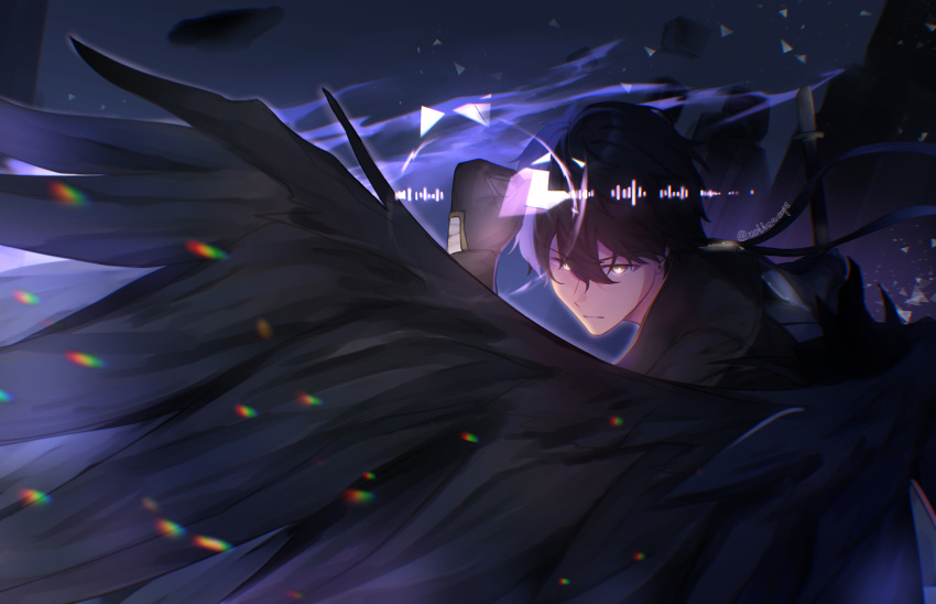 1boy, bandaged_hand, bandages, black_gloves, black_hair, black_jacket, black_wings, bright_pupils