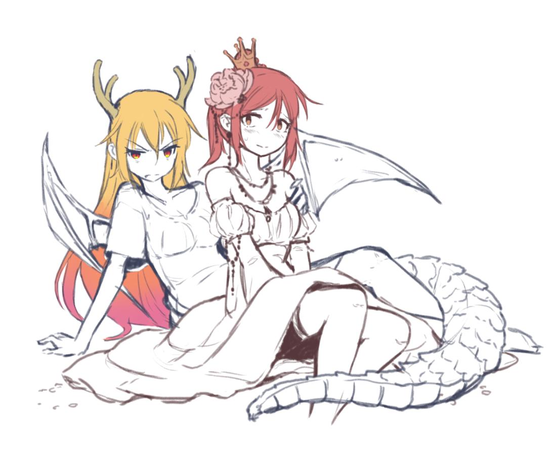 2girls, alternate_costume, bare_shoulders, blonde_hair, blush, breasts, crown, dragon_girl