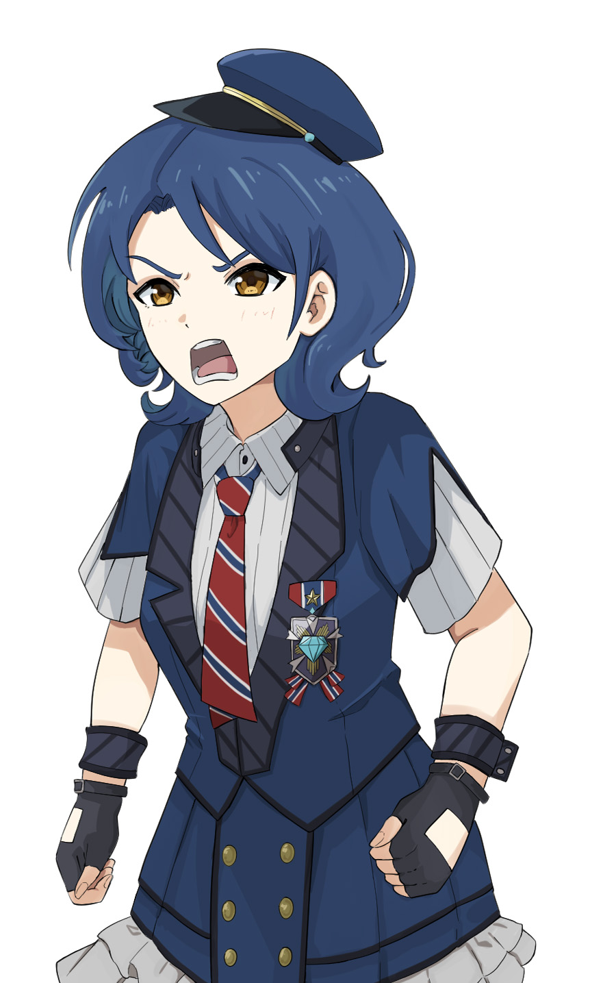1girl, black_gloves, blue_hair, blue_hat, blue_jacket, blush, clenched_hands, collared_shirt