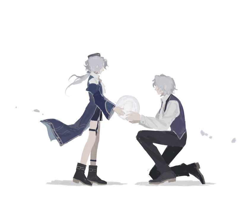 2boys, black_footwear, black_pants, black_shorts, blue_coat, blue_hair, blue_vest, boots
