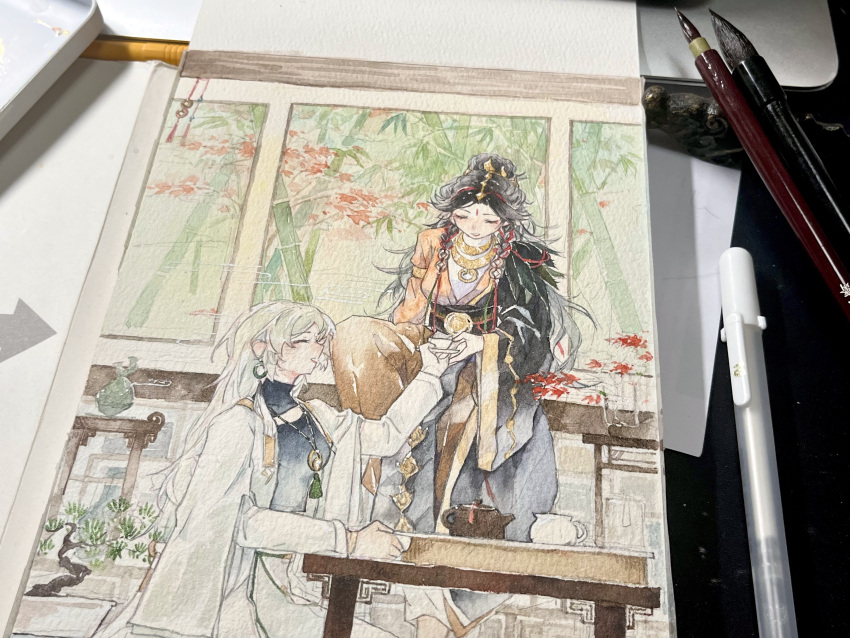 2girls, absurdres, armlet, autumn_leaves, bamboo, black_hair, black_sash, black_shirt