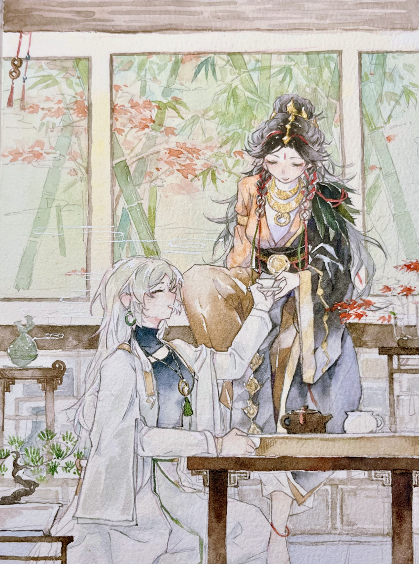 2girls, absurdres, anklet, armlet, autumn_leaves, bamboo, barefoot, black_hair