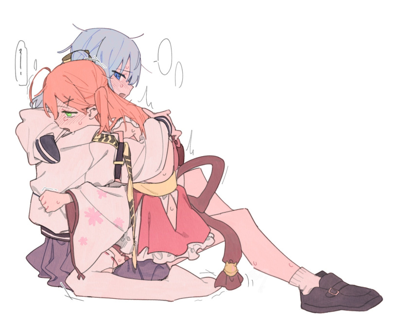 2girls, ahoge, alternate_costume, alternate_hairstyle, black_footwear, blue_eyes, blue_hair, blush