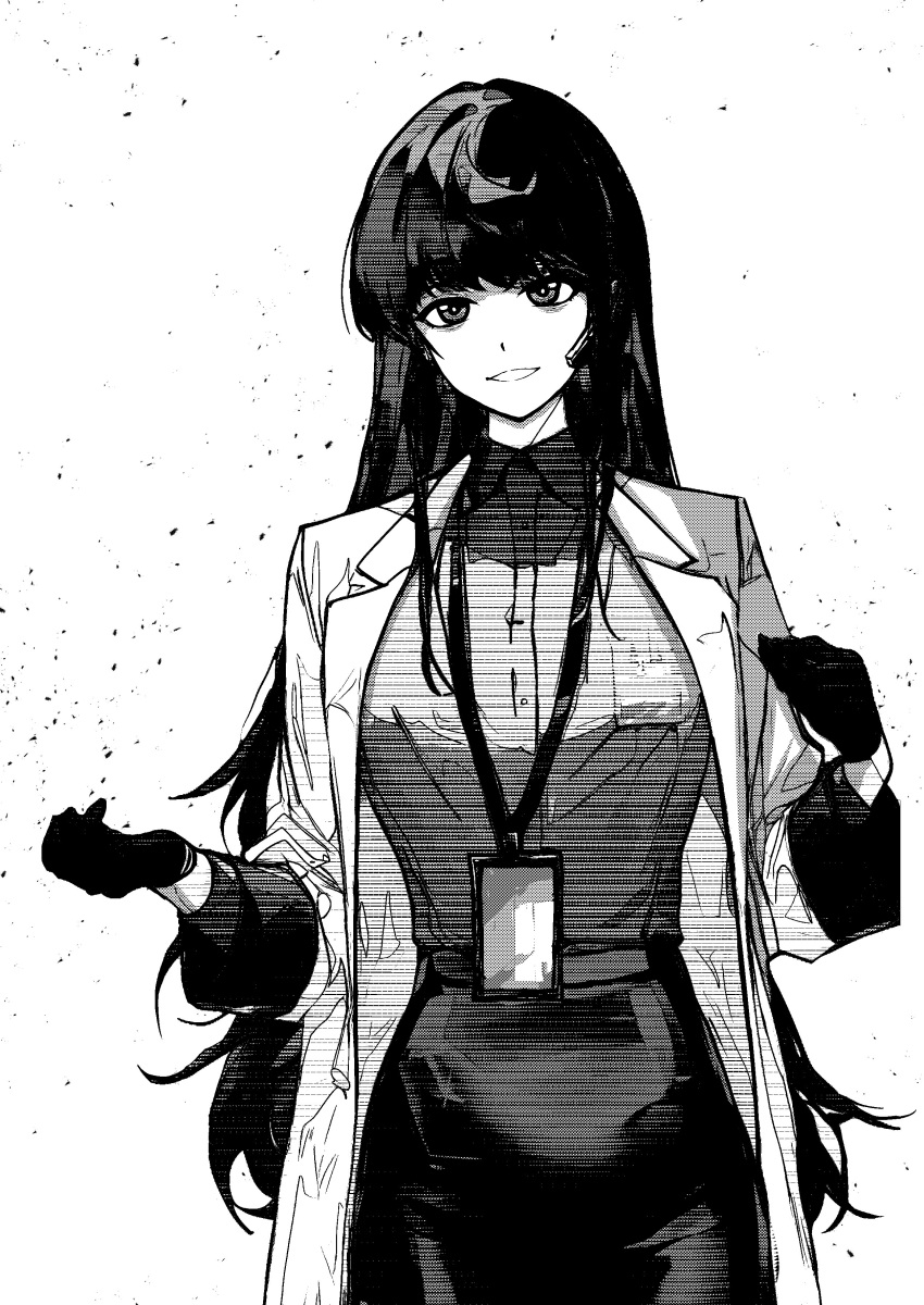 1girl, absurdres, black_hair, breasts, coat, collared_shirt, commentary_request, cowboy_shot