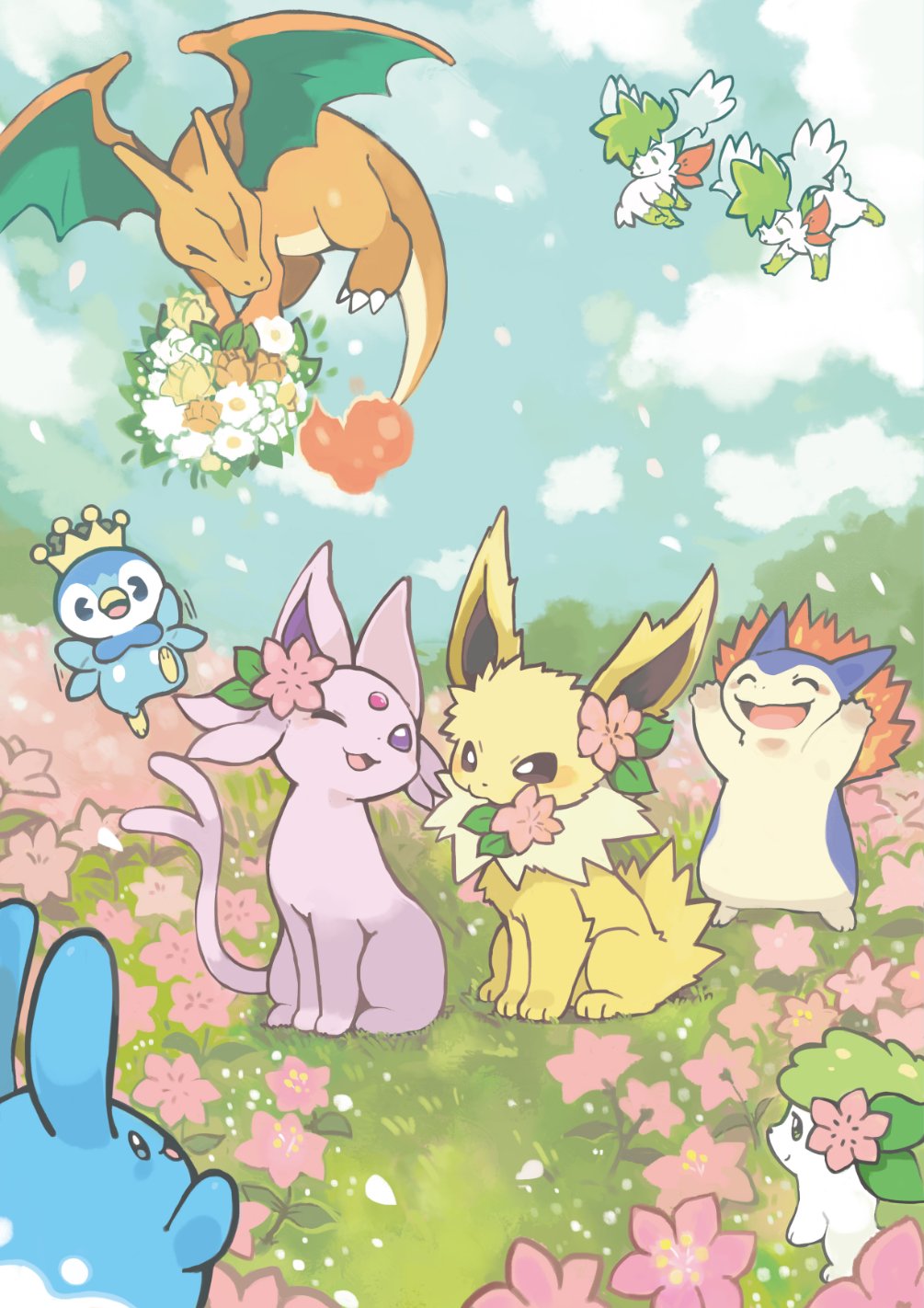 animal_focus, azumarill, bird, blush, bouquet, bright_pupils, charizard, closed_eyes