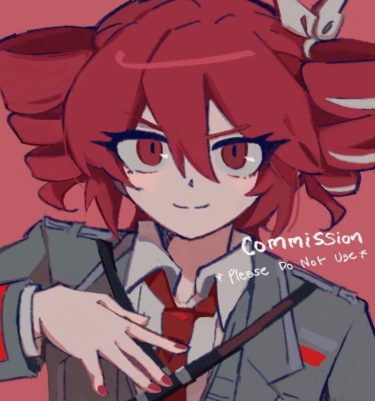 1girl, closed_mouth, collared_shirt, commentary, commission, drill_hair, grey_jacket, hand_up