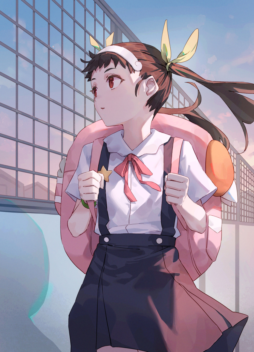 1girl, backpack, bag, blue_skirt, brown_hair, commentary, cowboy_shot, evening