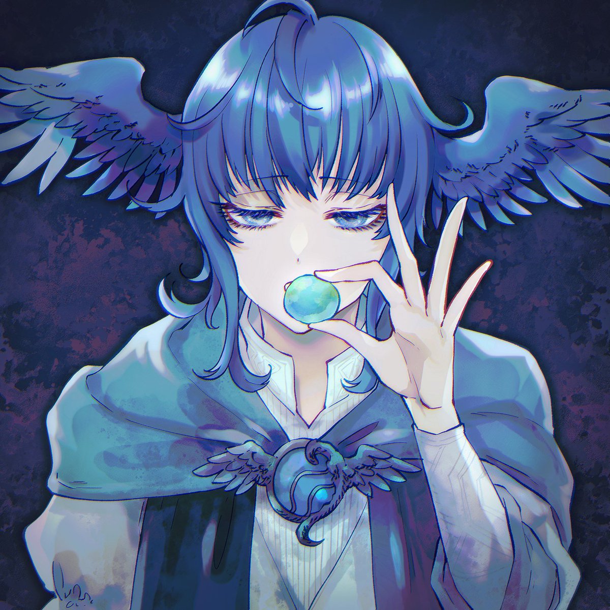 1girl, ahoge, between_fingers, bird_wings, blue_background, blue_capelet, blue_eyes, blue_gemstone