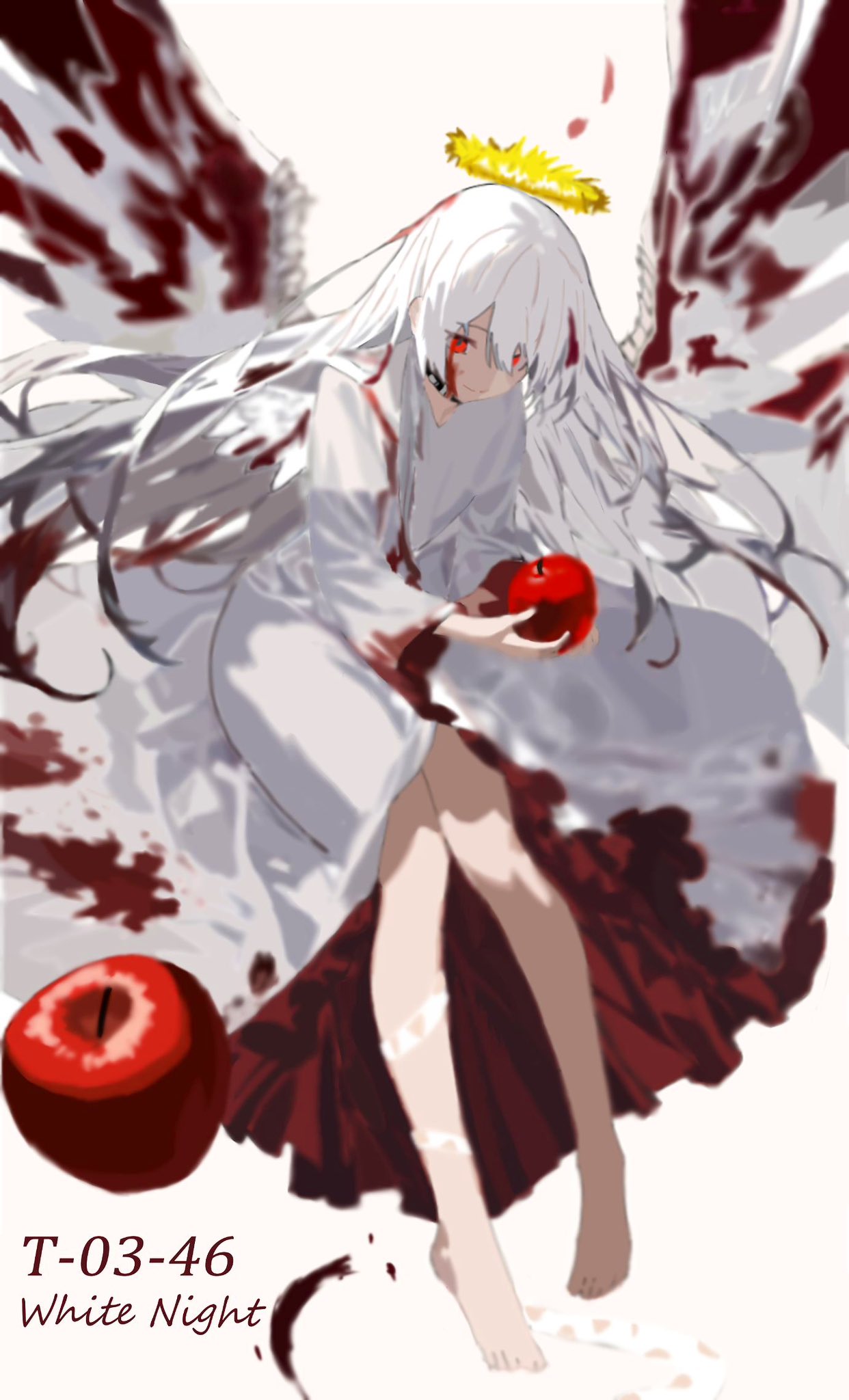 1girl, 218_(niiya), angela_(project_moon), apple, bare_legs, blood, blood_in_hair, blood_on_clothes