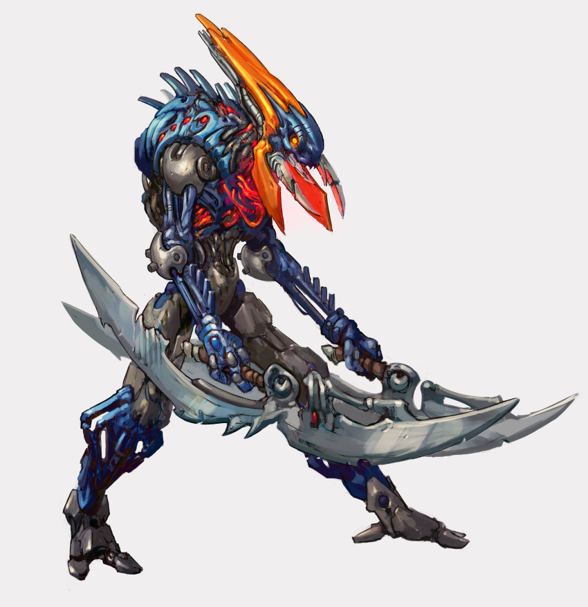 absurdres, bionicle, bordakh_(bionicle), double-blade, english_commentary, from_side, full_body, glowing, glowing_eye, grey_background, highres, holding, holding_weapon, kory_cromie, no_humans, orange_eyes, science_fiction, simple_background, the_lego_group, weapon
