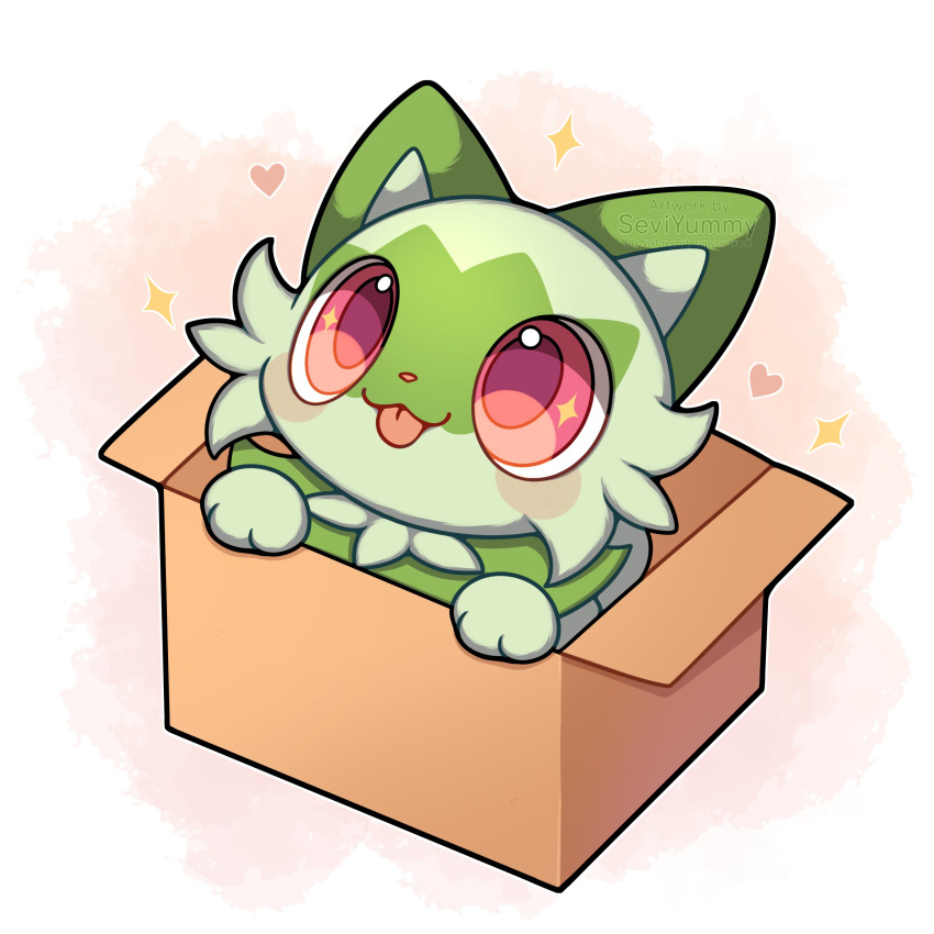 absurdres, animal_focus, blush, box, cardboard_box, cat, commentary, english_commentary, heart, highres, in_box, in_container, looking_up, no_humans, pink_eyes, pokemon, pokemon_(creature), red_eyes, red_pupils, sevi_(seviyummy), smile, solo, sparkle, sprigatito, tongue, tongue_out
