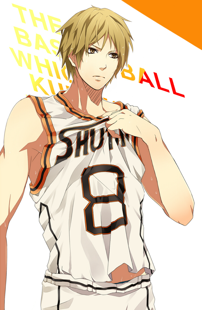 1boy, basketball_jersey, blonde_hair, clothes_lift, copyright_name, english_text, kuroko_no_basuke, light_frown