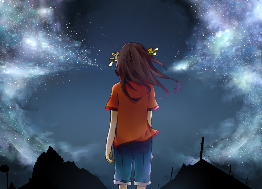 casual, denim, denim_shorts, from_behind, gmanee, highres, long_hair, night