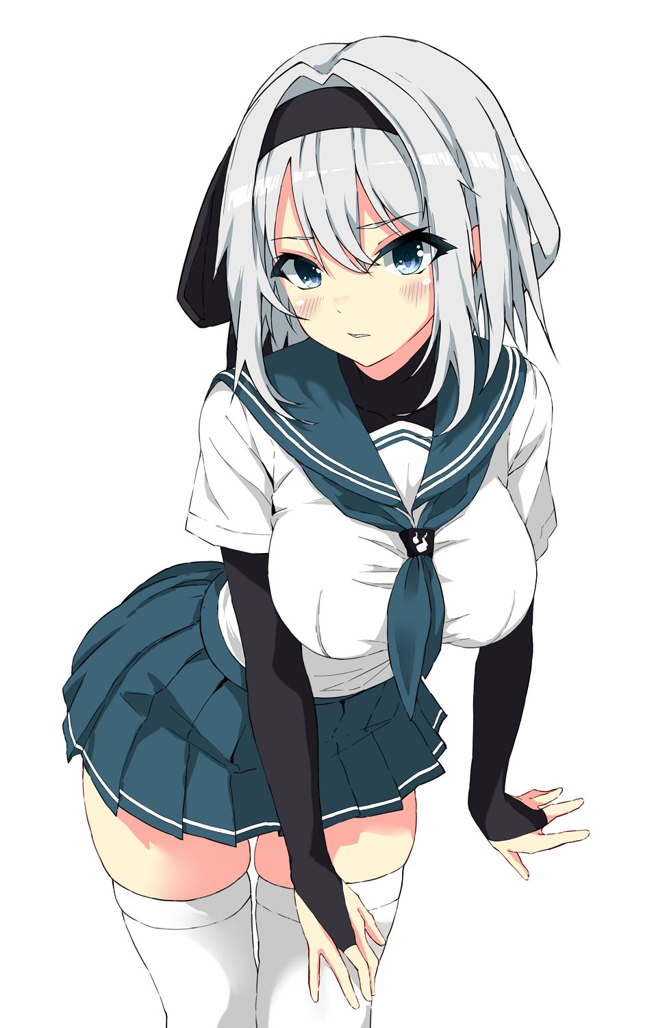 black_bodysuit, black_hairband, bodysuit, bodysuit_under_clothes, breasts, green_sailor_collar, green_skirt, grey_hair