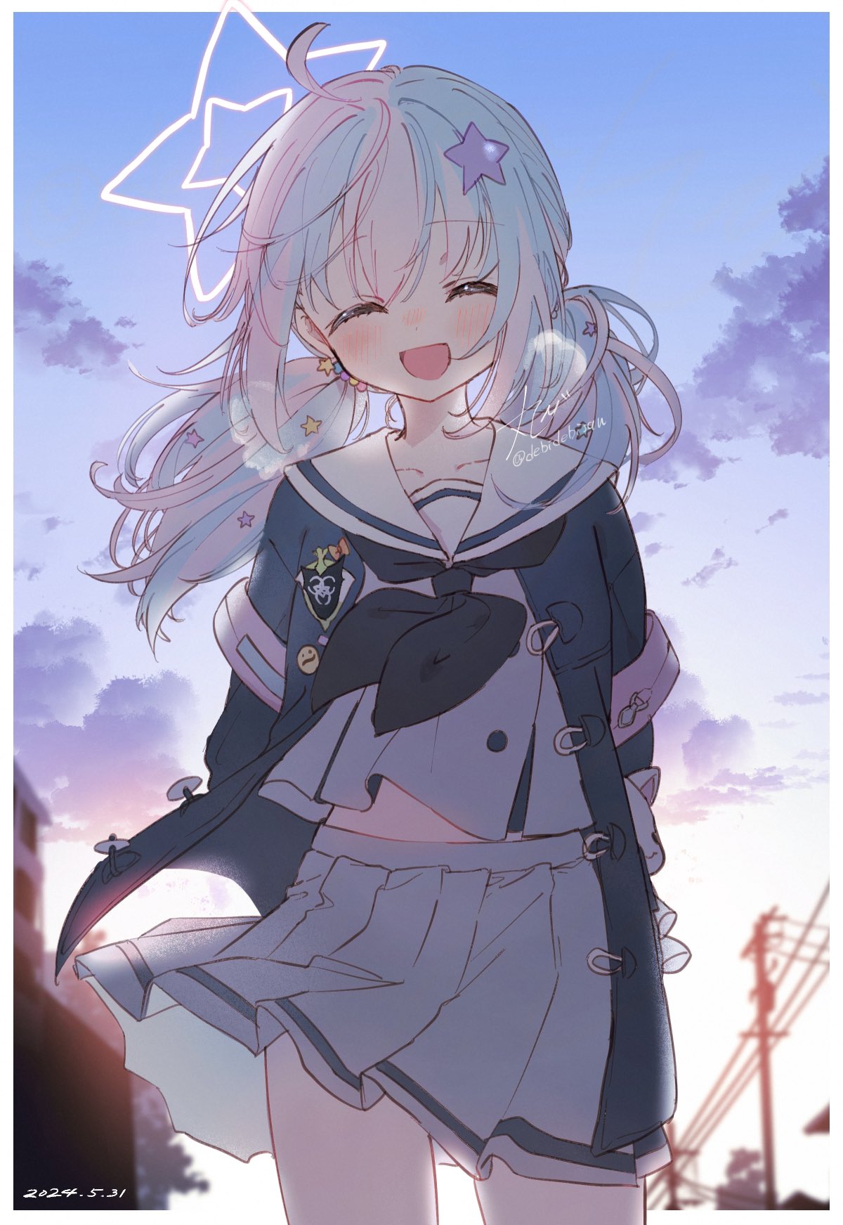 1girl, black_jacket, black_neckerchief, blue_archive, blush, border, chibirisu, closed_eyes
