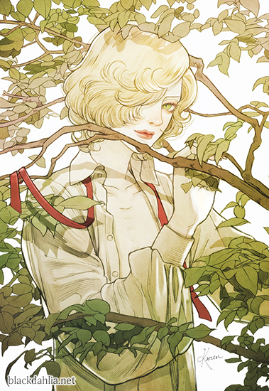 1boy, bishounen, black-dahlia, blonde_hair, branch, collared_shirt, gilbert_cocteau, green_eyes